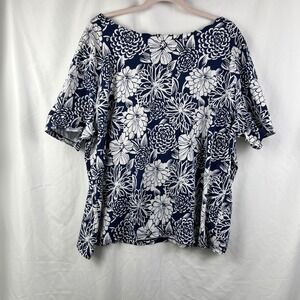Talbots Plus Size 3X Navy White Floral Pima Cotton Boat Neck Top